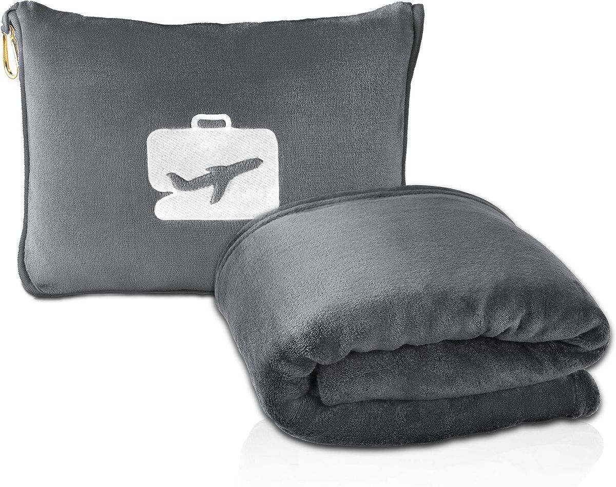 Travel Blanket and Pillow 2 in 1 - Premium Plush Fabric - Grey