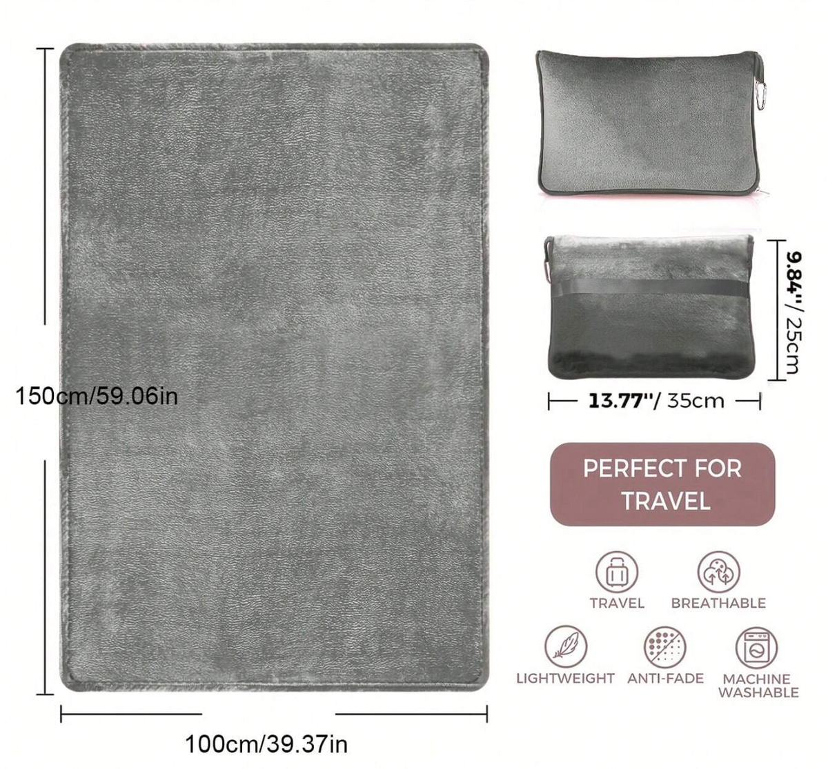 Travel Blanket and Pillow 2 in 1 - Premium Plush Fabric - Grey - Image 5